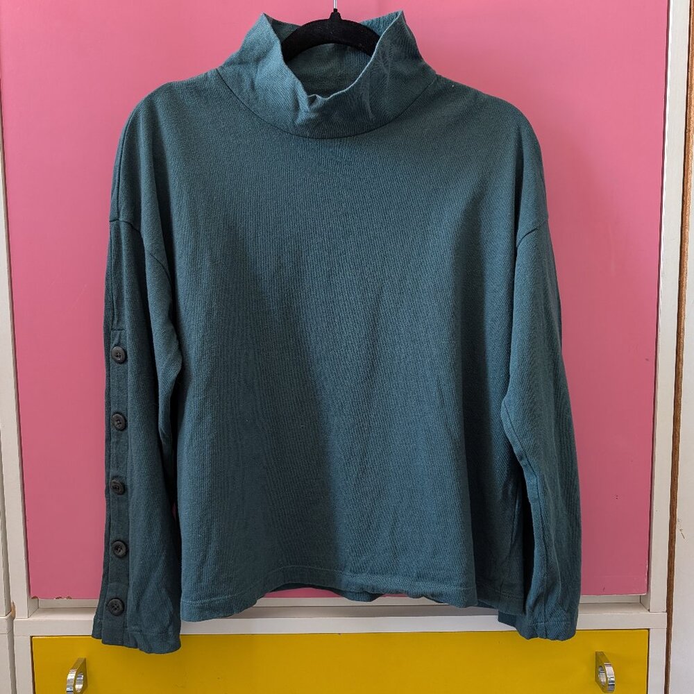 Madewell Button-Sleeve Turtleneck Top | Blue/Green | Size S